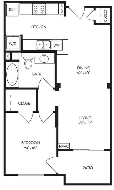 Floor plan for 1 bed, 1 bath, 634 sqft